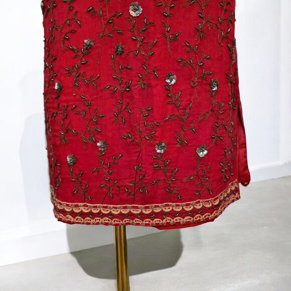 Vintage Express Red Embroidered Dress Small With Beaded Floral Boho Design 90's - Picture 12 of 16